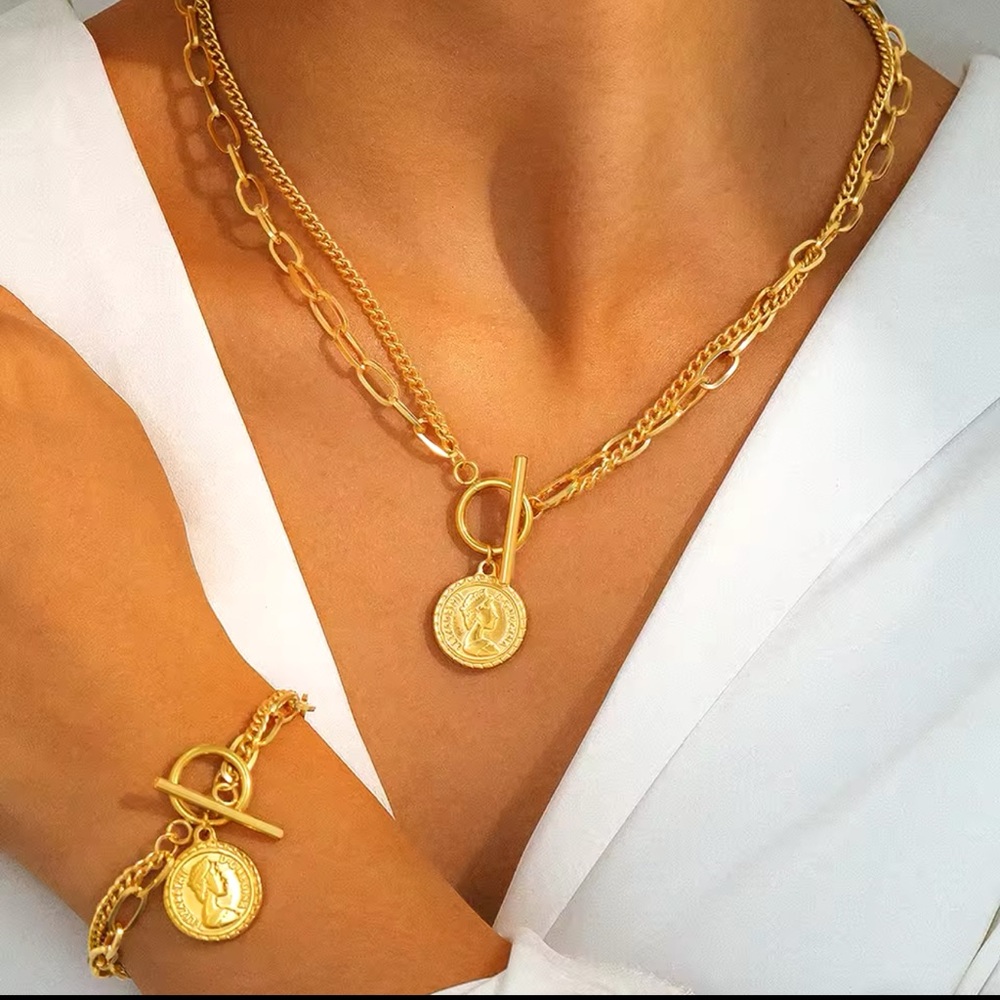 Stainless Steel Set Hanging Coin Multi-Layer Chain Gold Bracelet Necklace